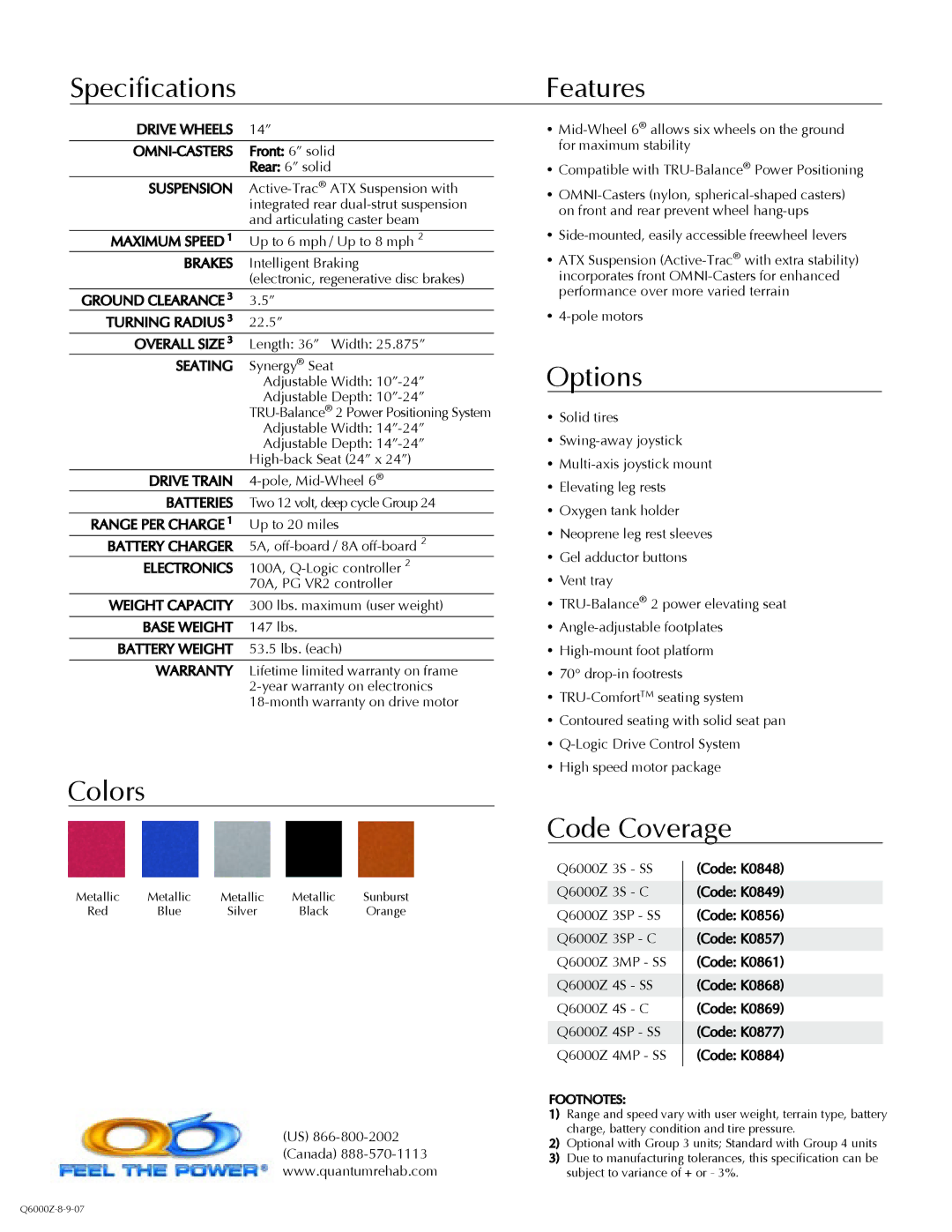 Quantum 6000Z manual Features, Options, Code Coverage, Footnotes 