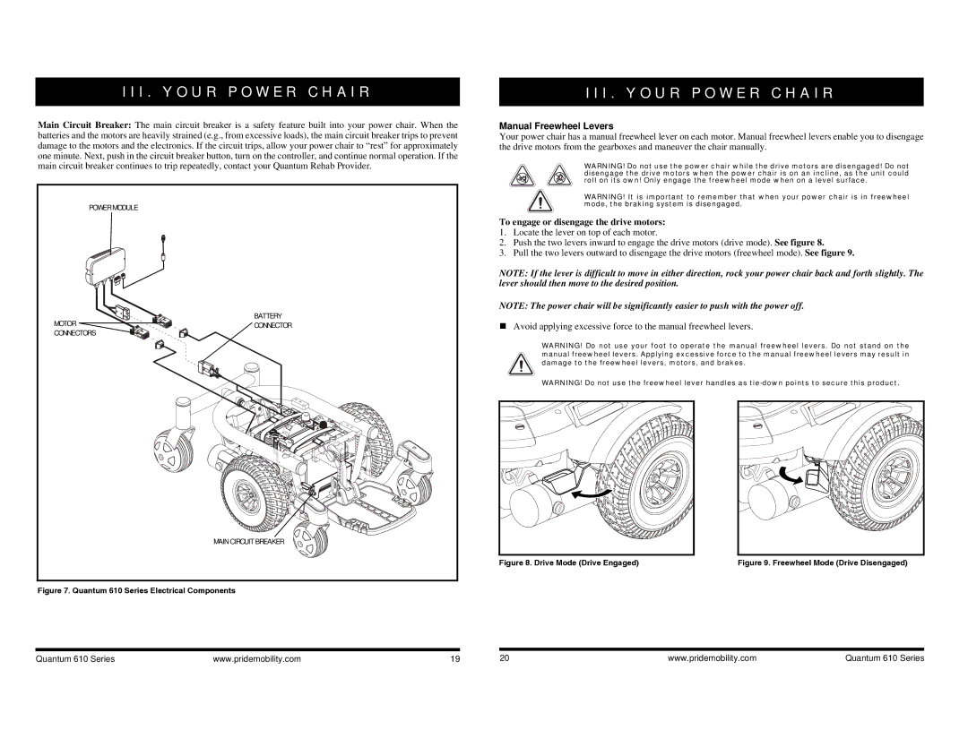 Quantum INFMANU2924, 610 manual Manual Freewheel Levers, To engage or disengage the drive motors 