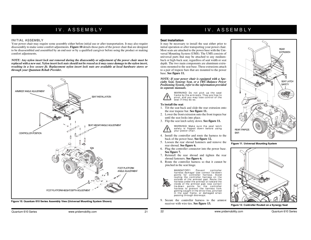 Quantum 610, INFMANU2924 manual A S S E M B L Y, Initial Assembly, Seat Installation, To install the seat 