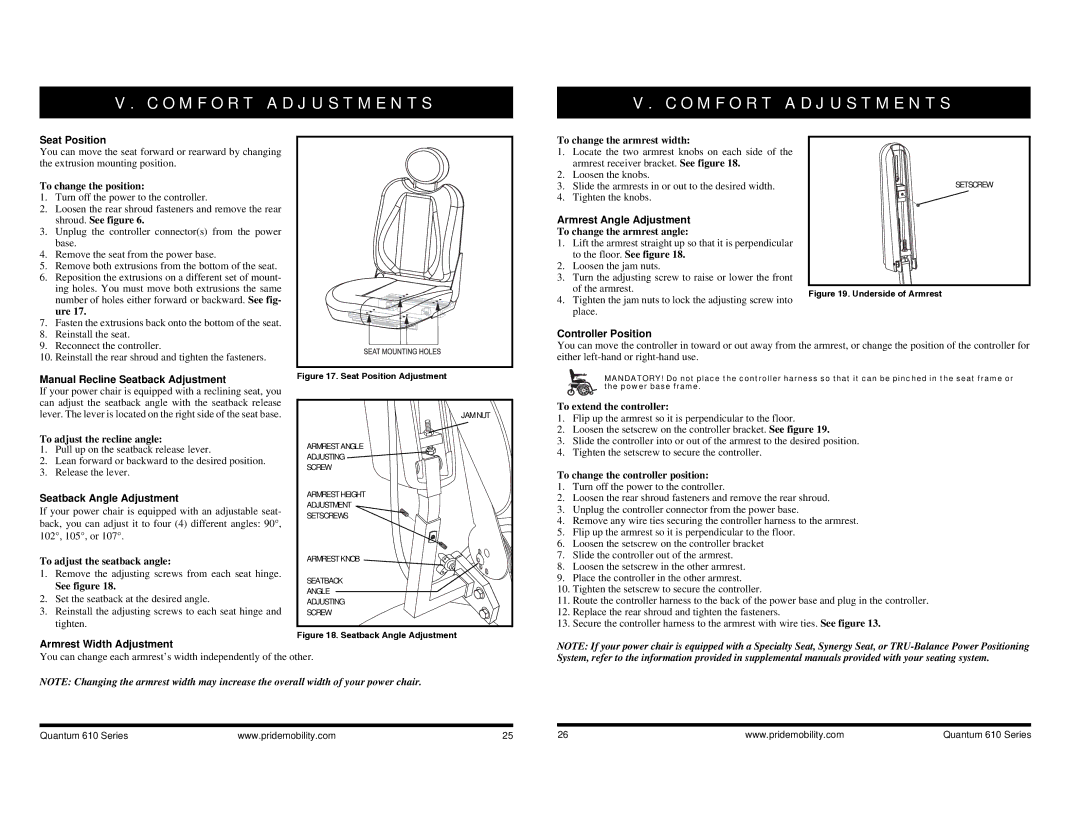 Quantum 610, INFMANU2924 Seat Position, Armrest Angle Adjustment, Controller Position, Manual Recline Seatback Adjustment 