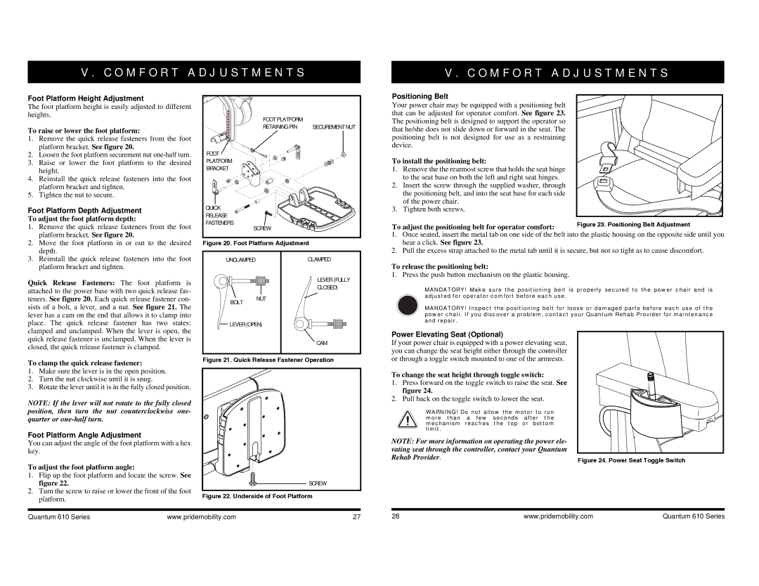 Quantum INFMANU2924, 610 manual Foot Platform Height Adjustment, Foot Platform Depth Adjustment, Positioning Belt 