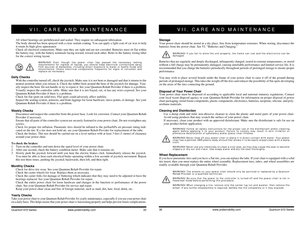 Quantum INFMANU2924, 610 Daily Checks, Weekly Checks, Monthly Checks, Yearly Checks, Storage, Disposal of Your Power Chair 