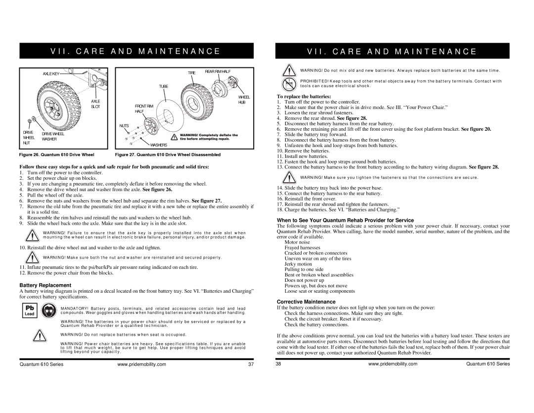 Quantum 610 manual To replace the batteries, Battery Replacement, When to See Your Quantum Rehab Provider for Service 