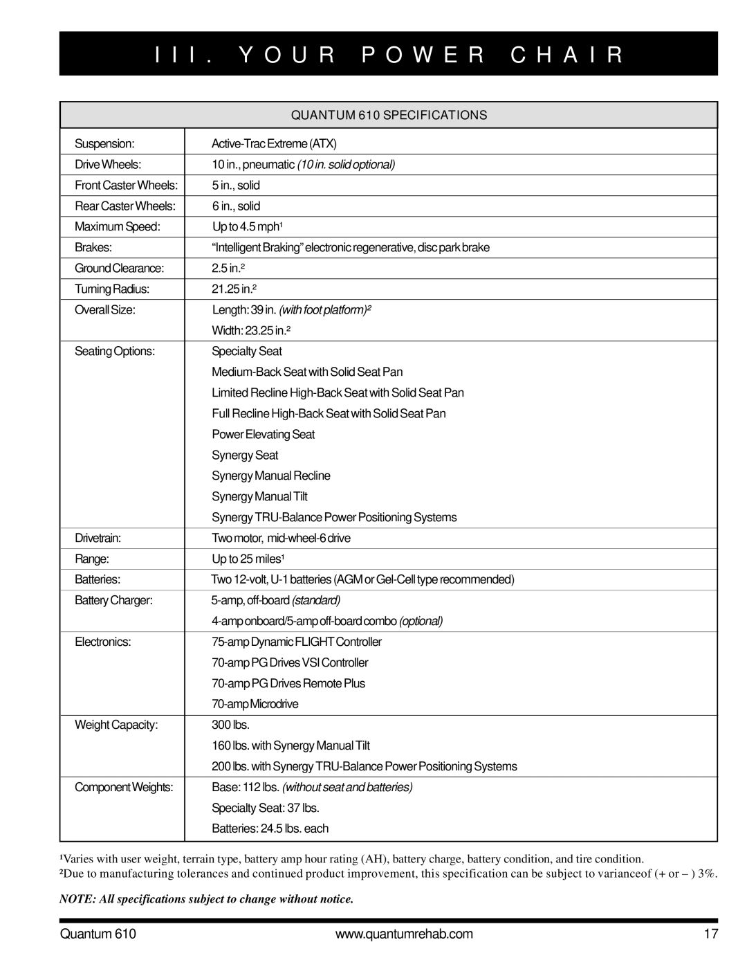 Quantum owner manual Quantum 610 Specifications 