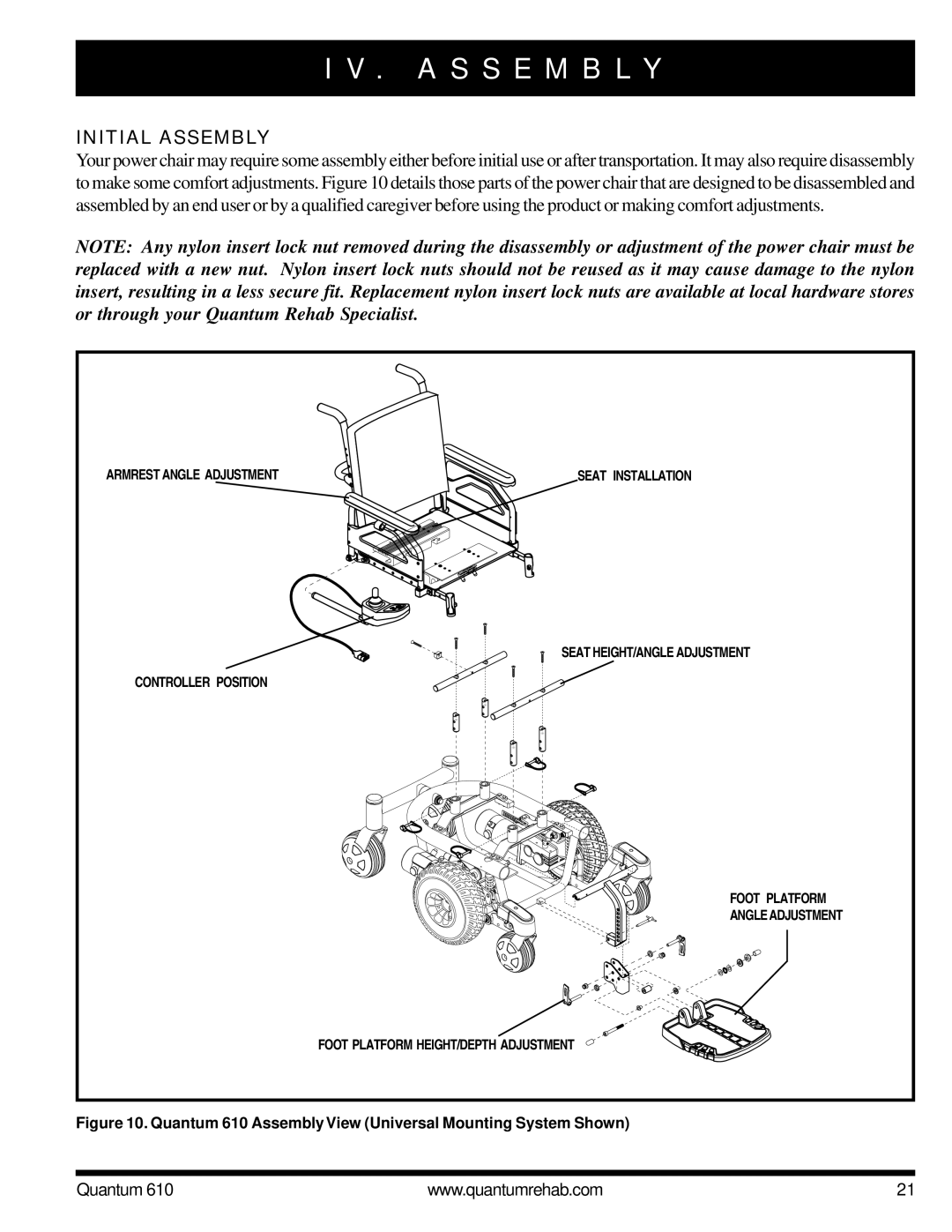 Quantum 610 owner manual A S S E M B L Y, Initial Assembly 