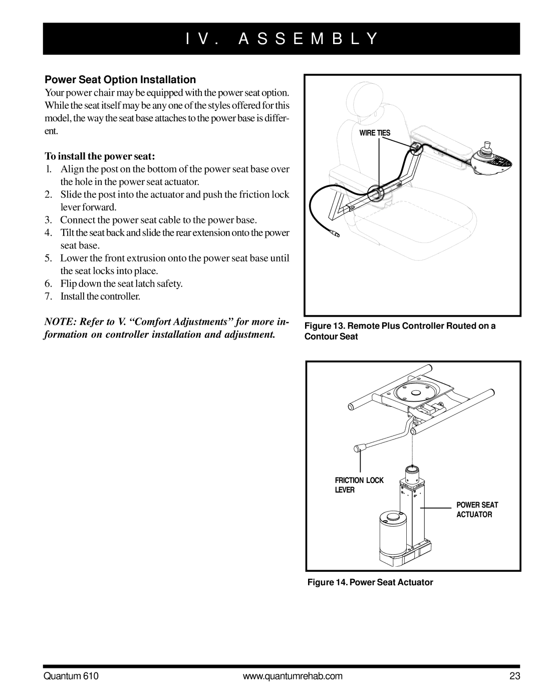 Quantum 610 owner manual Power Seat Option Installation, To install the power seat 