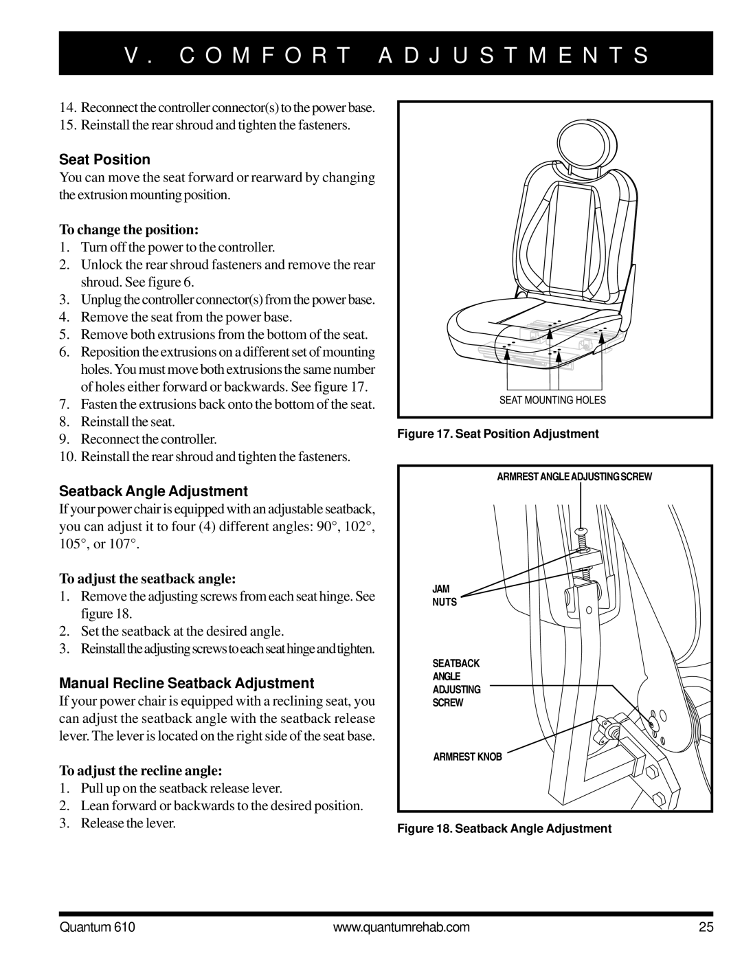 Quantum 610 owner manual Seat Position, Seatback Angle Adjustment, Manual Recline Seatback Adjustment 