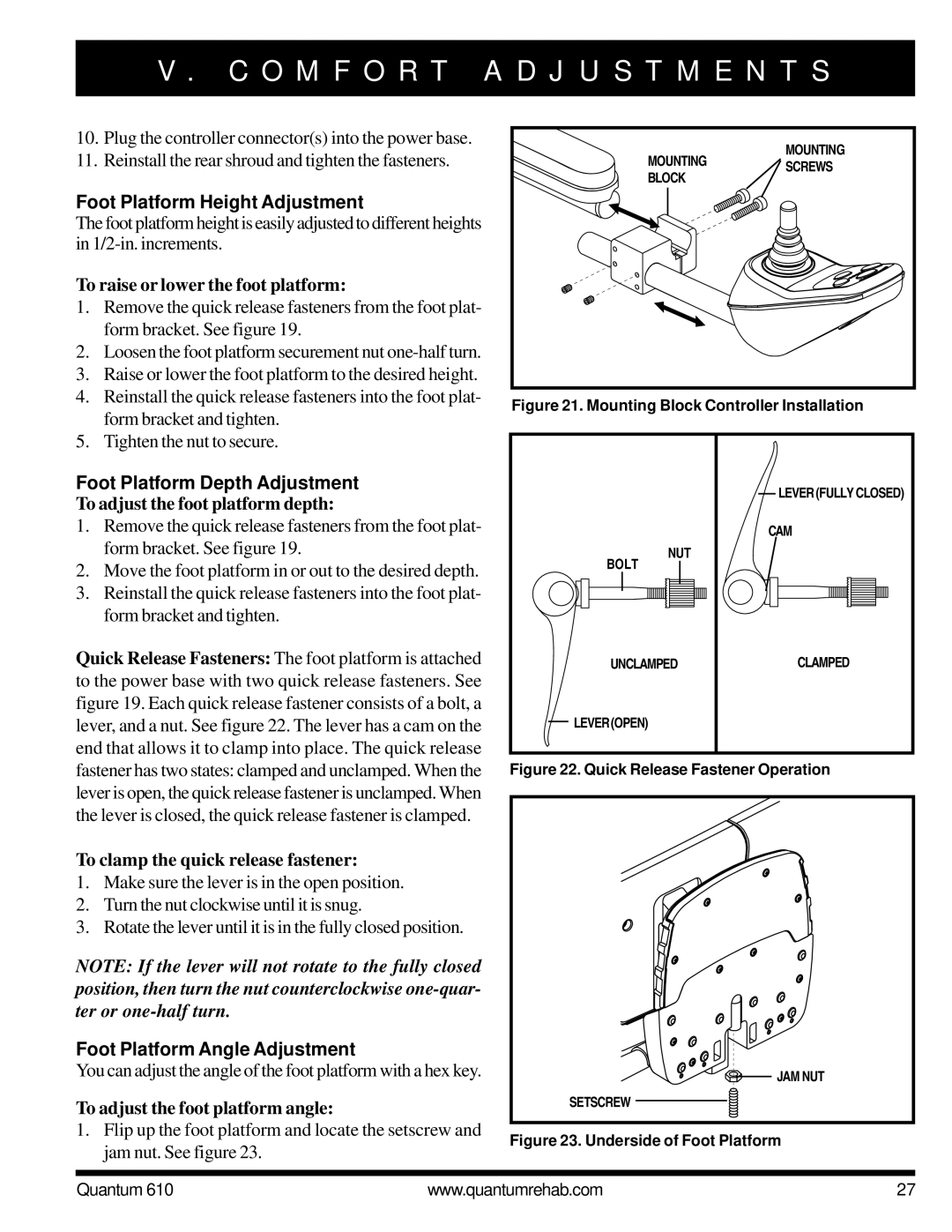 Quantum 610 owner manual Foot Platform Height Adjustment, Foot Platform Depth Adjustment, Foot Platform Angle Adjustment 