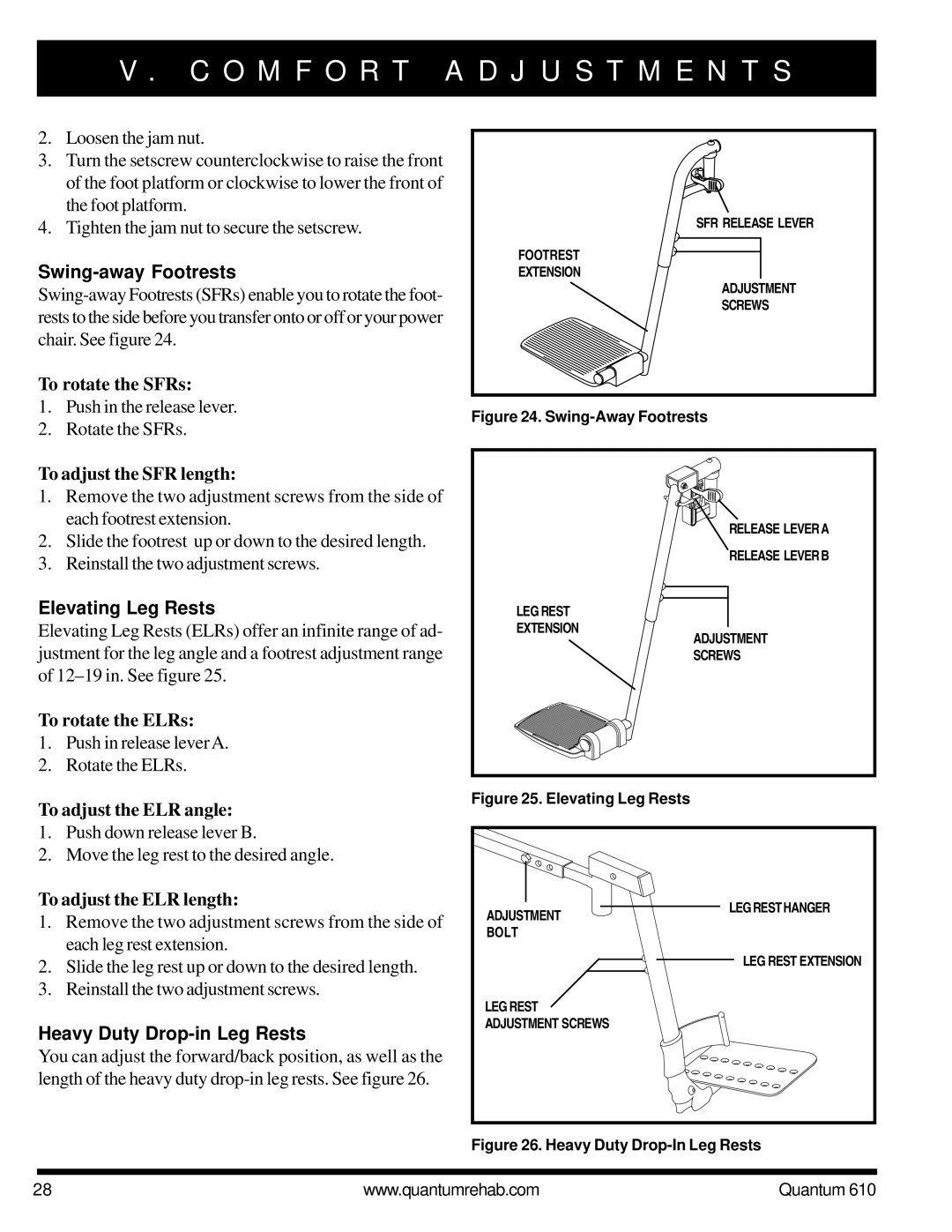 Quantum 610 owner manual Swing-away Footrests, Elevating Leg Rests, Heavy Duty Drop-in Leg Rests 