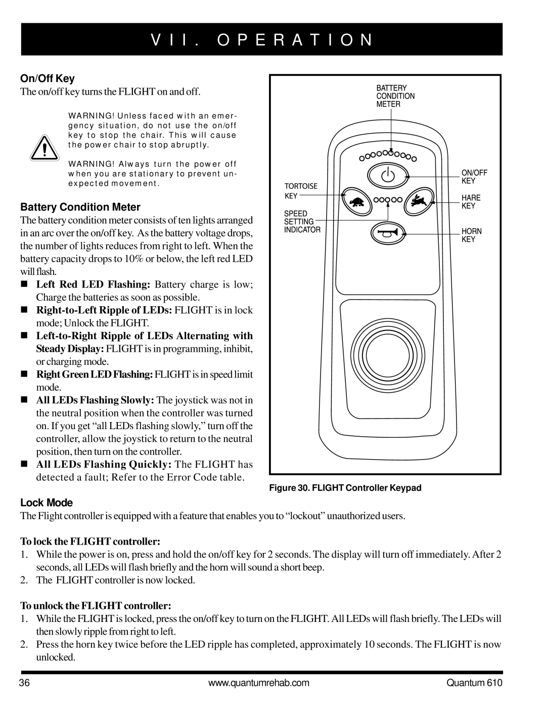 Quantum 610 On/Off Key, Battery Condition Meter, Lock Mode, To lock the Flight controller, To unlock the Flight controller 