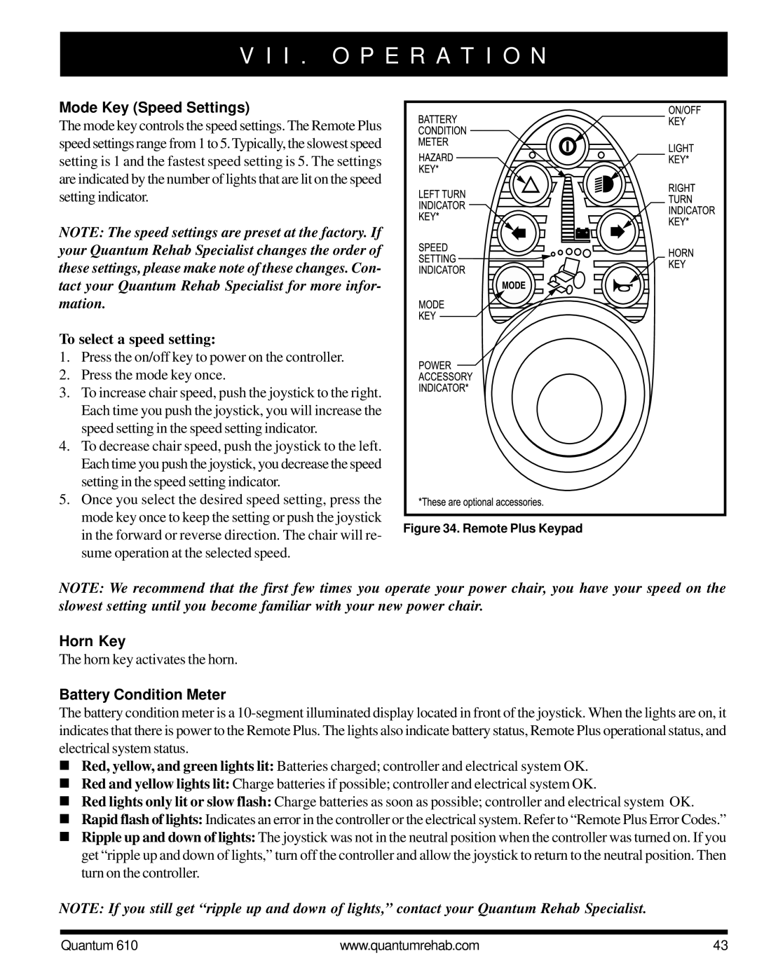 Quantum 610 owner manual Mode Key Speed Settings, To select a speed setting 