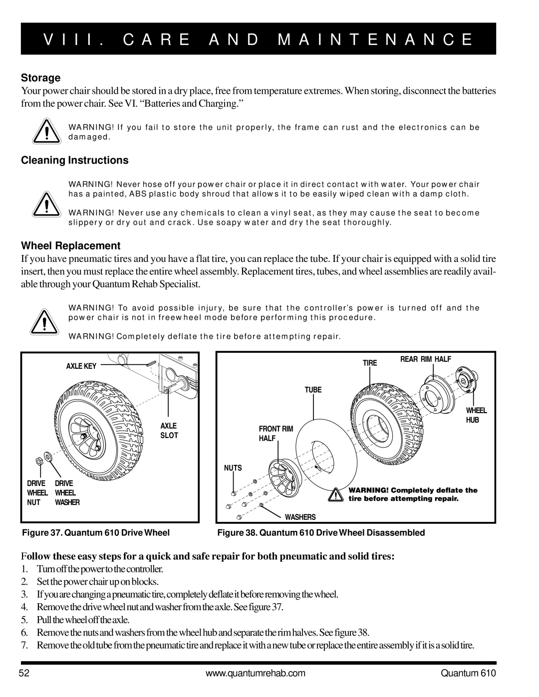 Quantum 610 owner manual Storage, Cleaning Instructions Wheel Replacement 