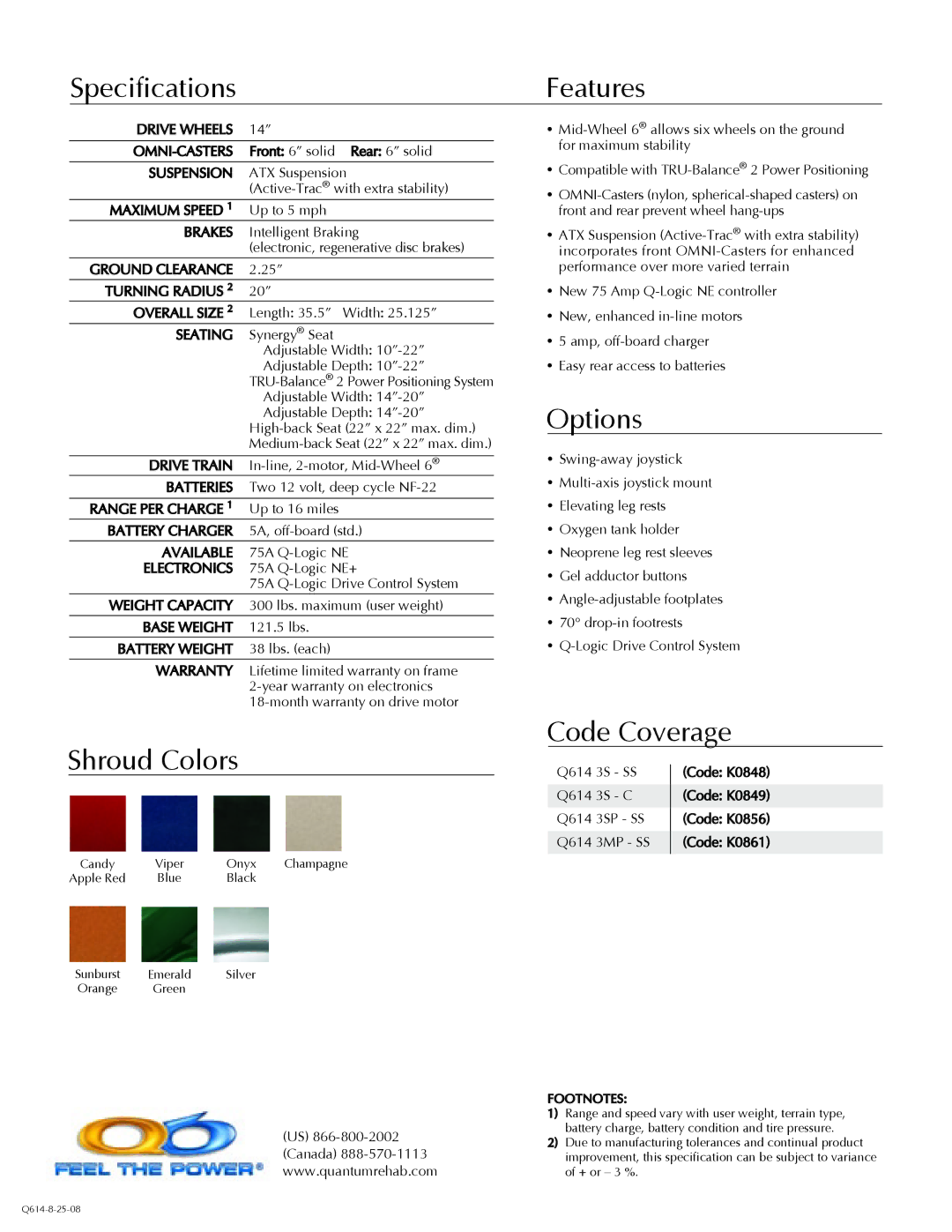 Quantum 614 manual Features, Options, Code Coverage, Seating, Available 