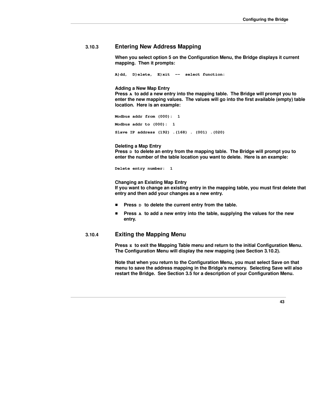 Quantum 890 USE 155 Entering New Address Mapping, Exiting the Mapping Menu, Adding a New Map Entry, Deleting a Map Entry 