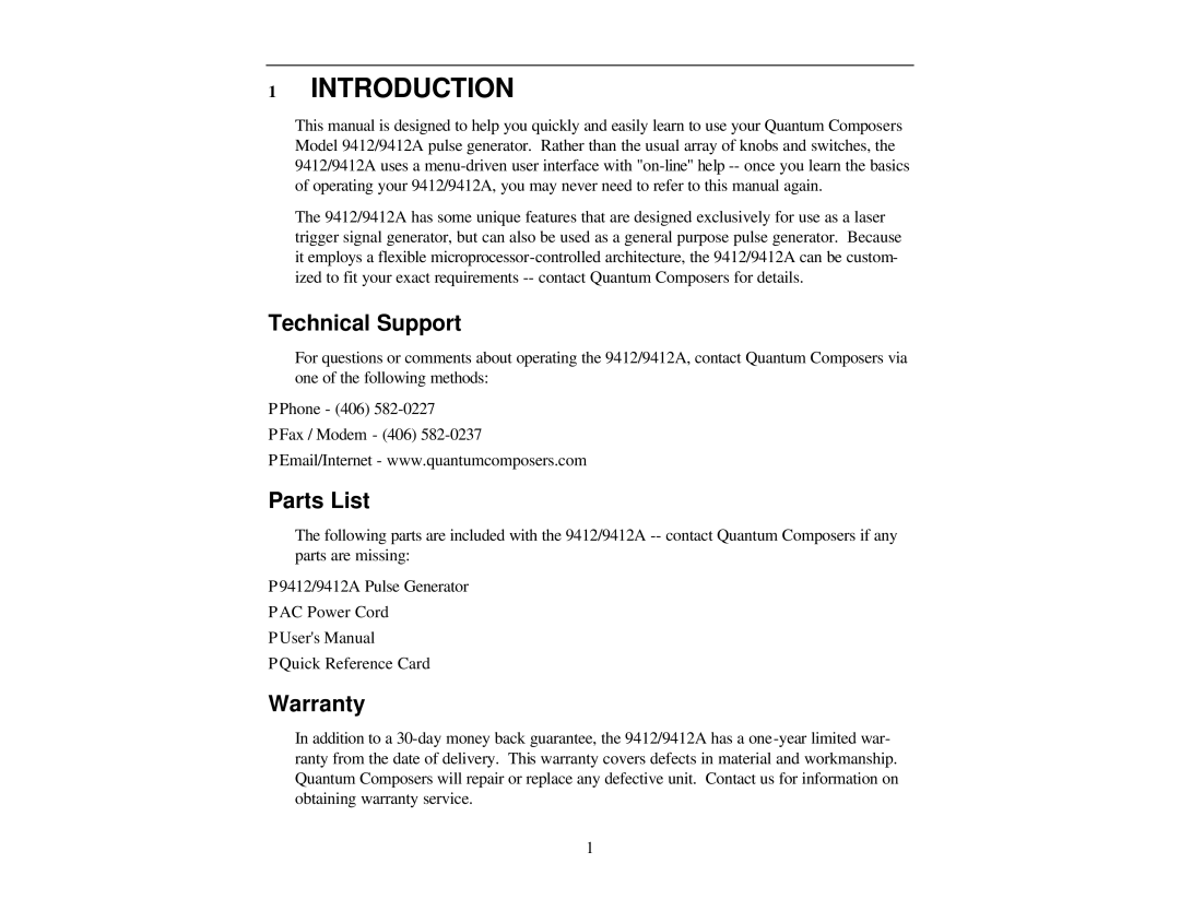 Quantum Quantum Composers, 9412/9112 A warranty Introduction, Technical Support, Parts List, Warranty 