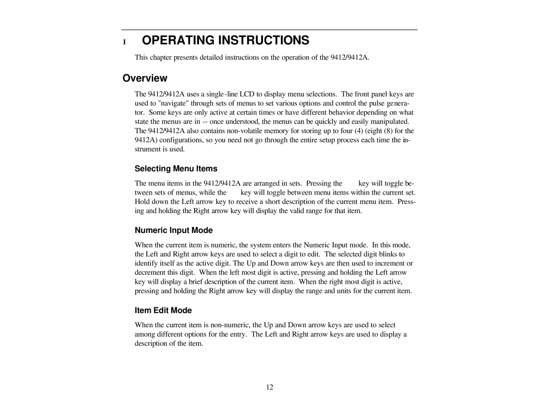 Quantum 9412/9112 A warranty Operating Instructions, Overview, Selecting Menu Items, Numeric Input Mode, Item Edit Mode 