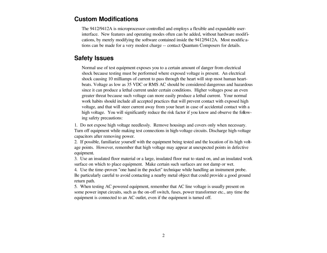 Quantum 9412/9112 A, Quantum Composers warranty Custom Modifications, Safety Issues 