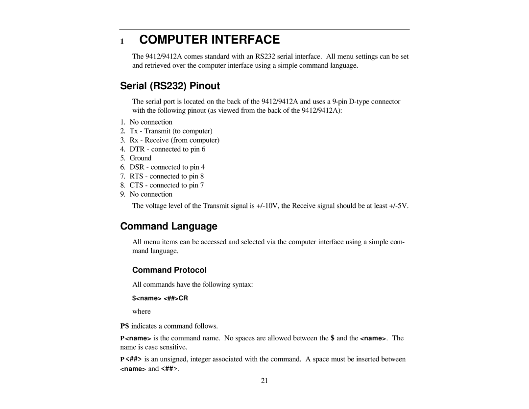 Quantum Quantum Composers, 9412/9112 A warranty Computer Interface, Serial RS232 Pinout, Command Language, Command Protocol 