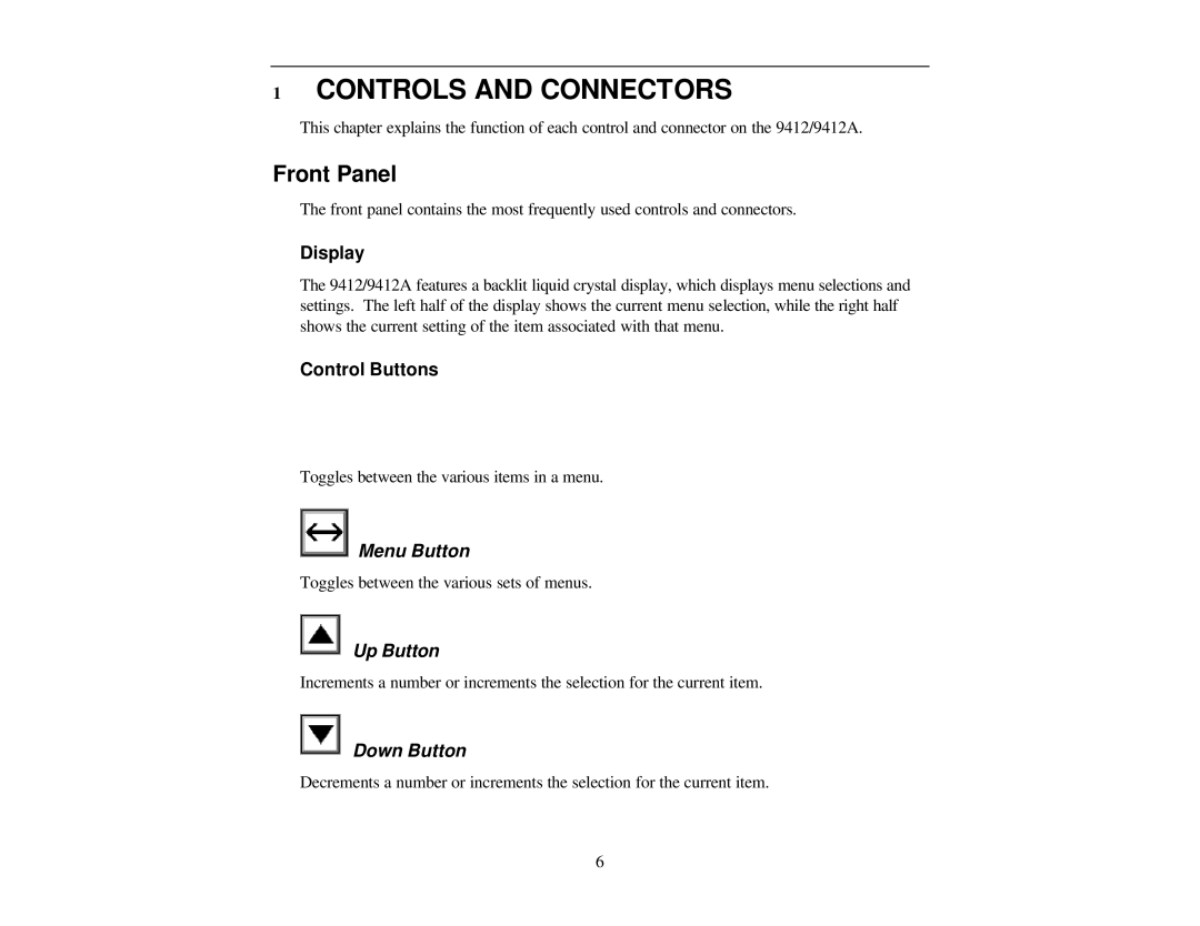 Quantum 9412/9112 A, Quantum Composers warranty Controls and Connectors, Front Panel, Display, Control Buttons 