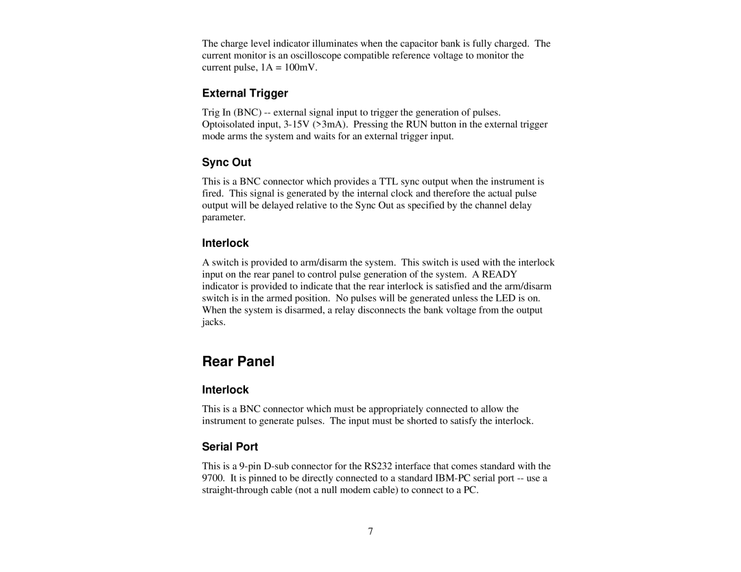 Quantum 9700 user manual Rear Panel, External Trigger, Sync Out, Interlock, Serial Port 