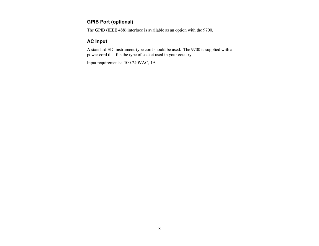 Quantum 9700 user manual Gpib Port optional, AC Input 