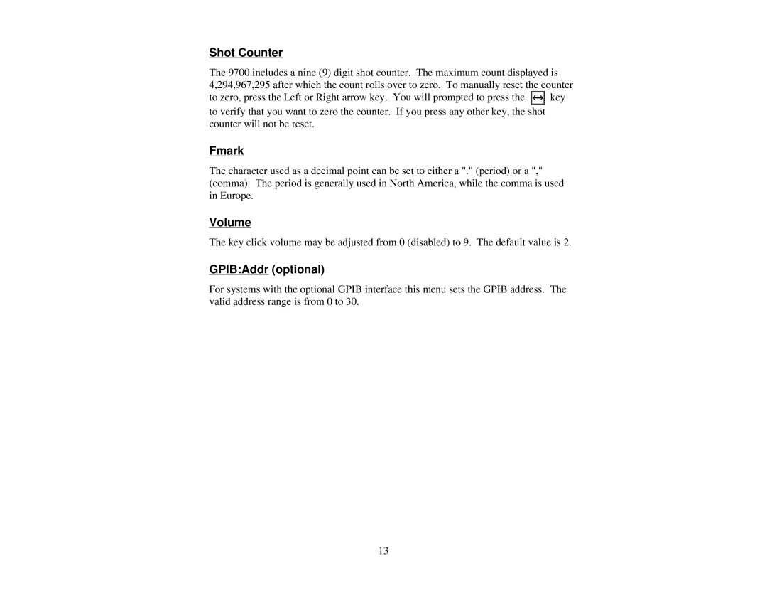 Quantum 9700 user manual Shot Counter, Fmark, Volume, GPIBAddr optional 