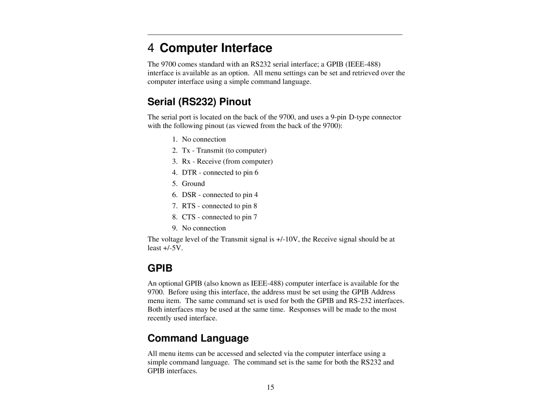 Quantum 9700 user manual Serial RS232 Pinout, Command Language 