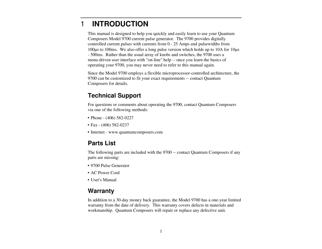 Quantum 9700 user manual Introduction, Technical Support, Parts List, Warranty 