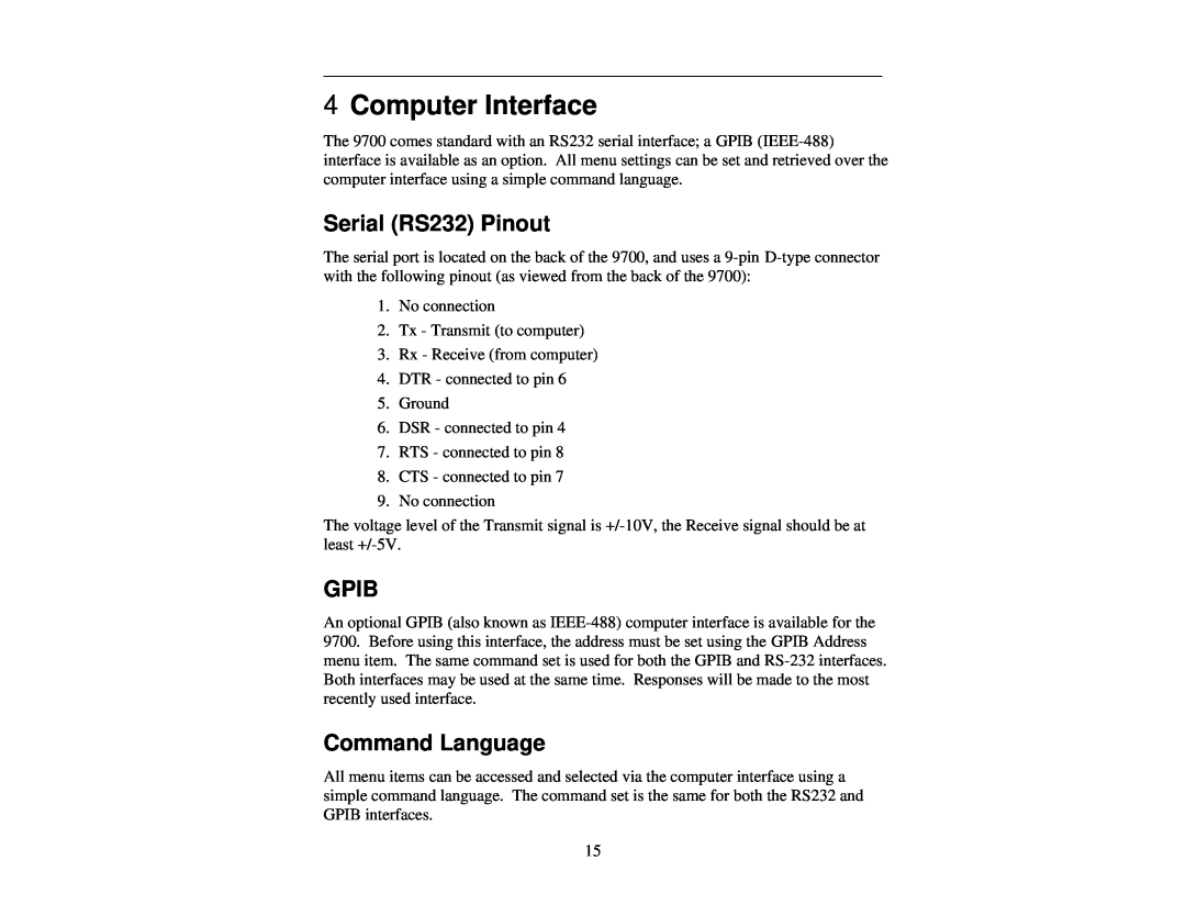 Quantum 9700 user manual Computer Interface, Serial RS232 Pinout, Gpib, Command Language 