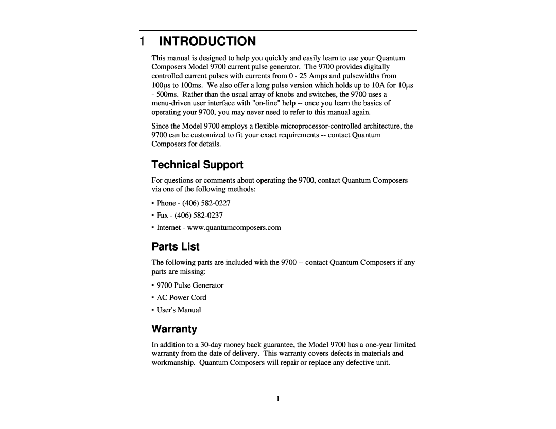Quantum 9700 user manual Introduction, Technical Support, Parts List, Warranty 