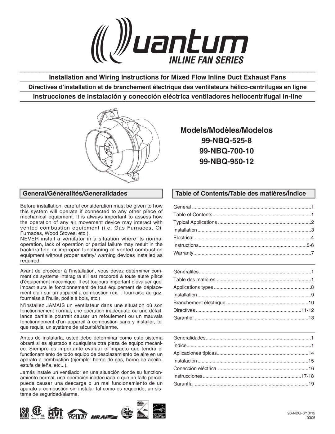 Quantum 99-NBQ-700-10 warranty General/Généralités/Generalidades, Table of Contents/Table des matières/Índice 