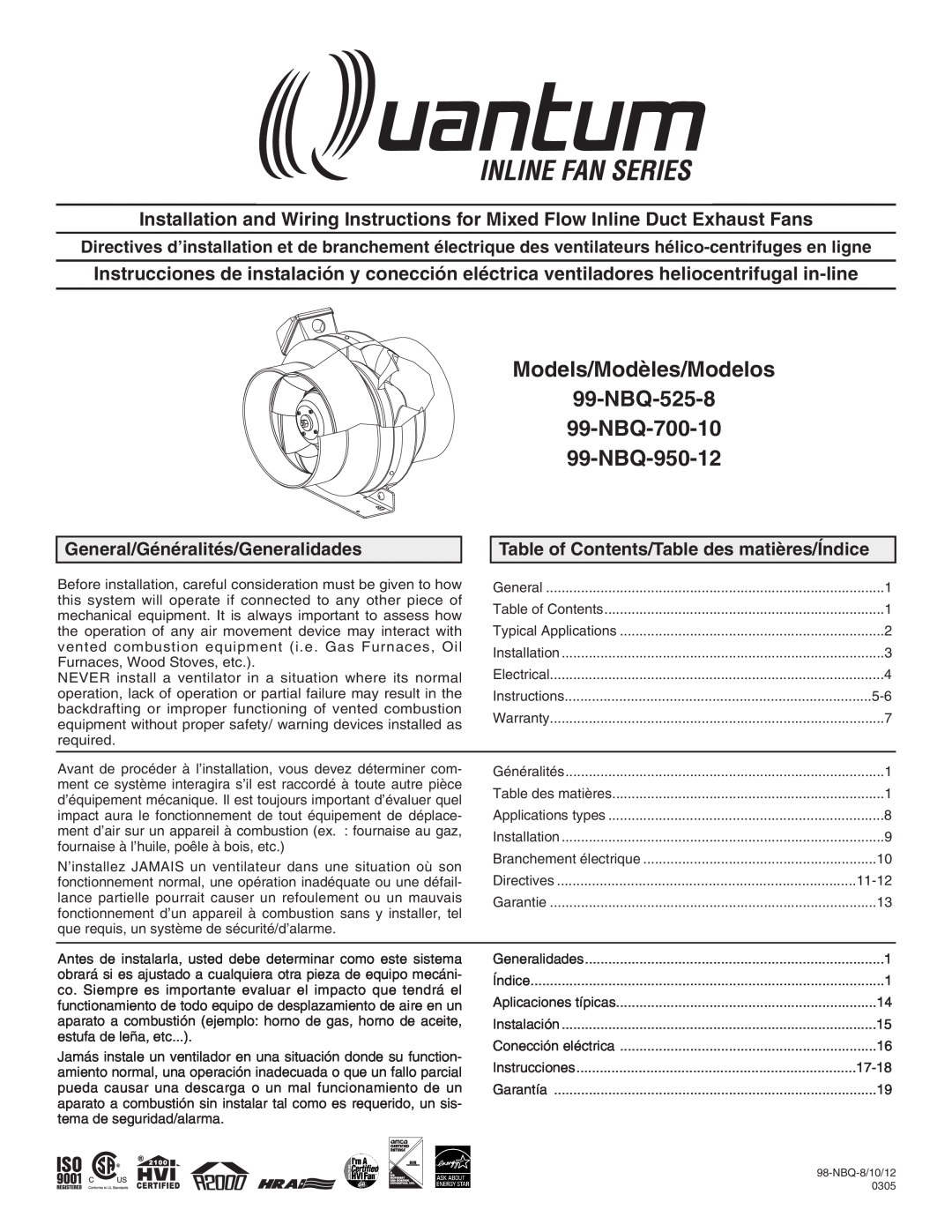 Quantum warranty Models/Modèles/Modelos 99-NBQ-525-8 99-NBQ-700-10, NBQ-950-12, General/Généralités/Generalidades 
