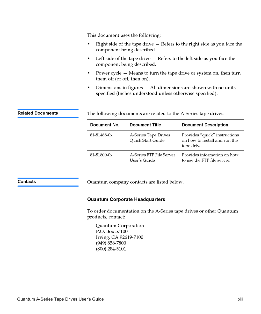 Quantum A-Series manual Quantum Corporate Headquarters, Document No Document Title Document Description 