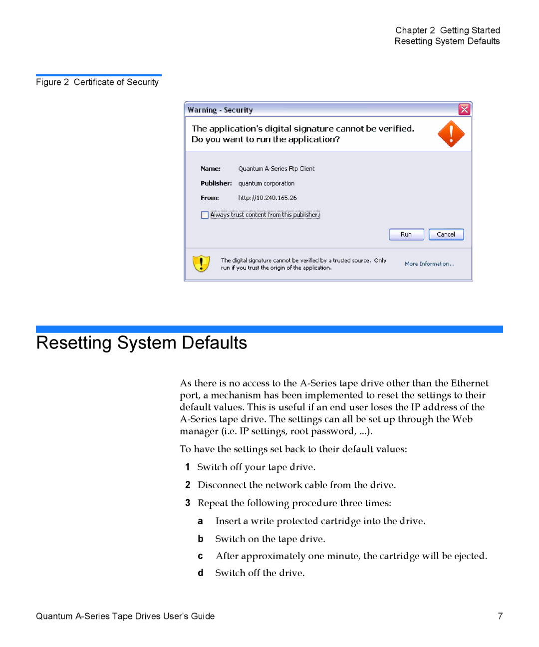 Quantum A-Series manual Resetting System Defaults, Certificate of Security 