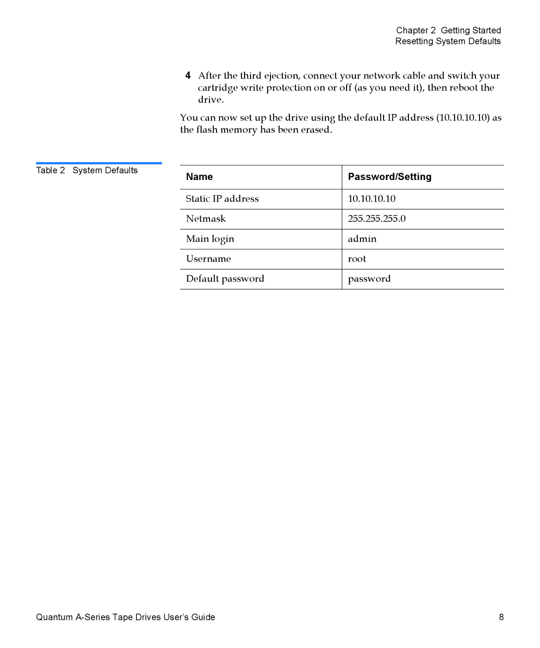 Quantum A-Series manual Name Password/Setting 