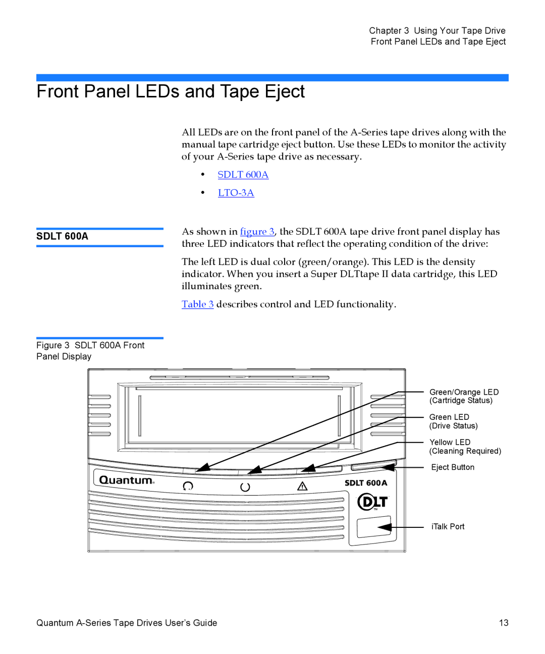 Quantum A-Series manual Front Panel LEDs and Tape Eject, Sdlt 600A 