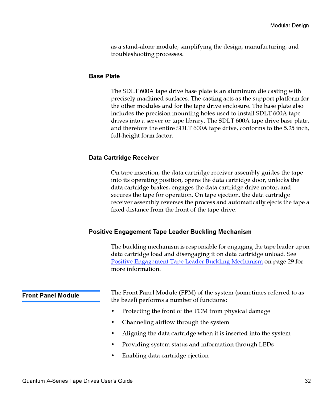 Quantum A-Series manual Base Plate, Data Cartridge Receiver, Positive Engagement Tape Leader Buckling Mechanism 