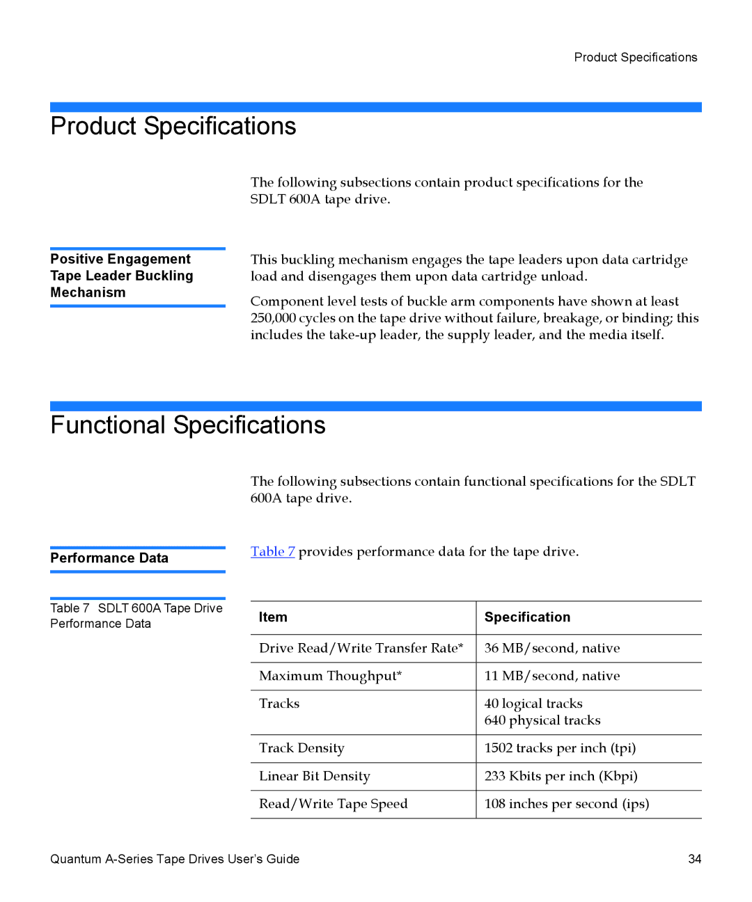 Quantum A-Series manual Product Specifications, Functional Specifications, Performance Data 