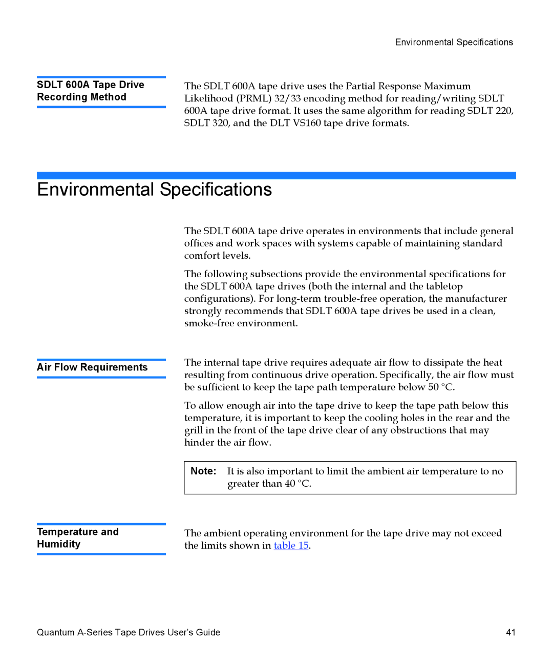 Quantum A-Series Environmental Specifications, Sdlt 600A Tape Drive Recording Method, Air Flow Requirements, Temperature 