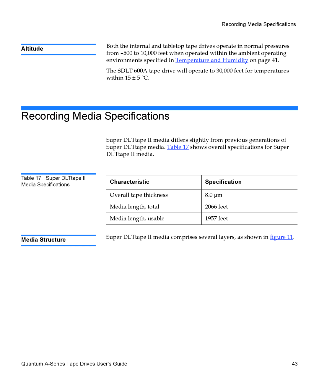 Quantum A-Series manual Recording Media Specifications, Altitude, Media Structure, Characteristic Specification 