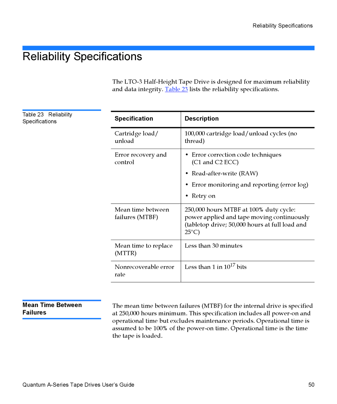 Quantum A-Series manual Reliability Specifications, Mean Time Between Failures, Specification Description 