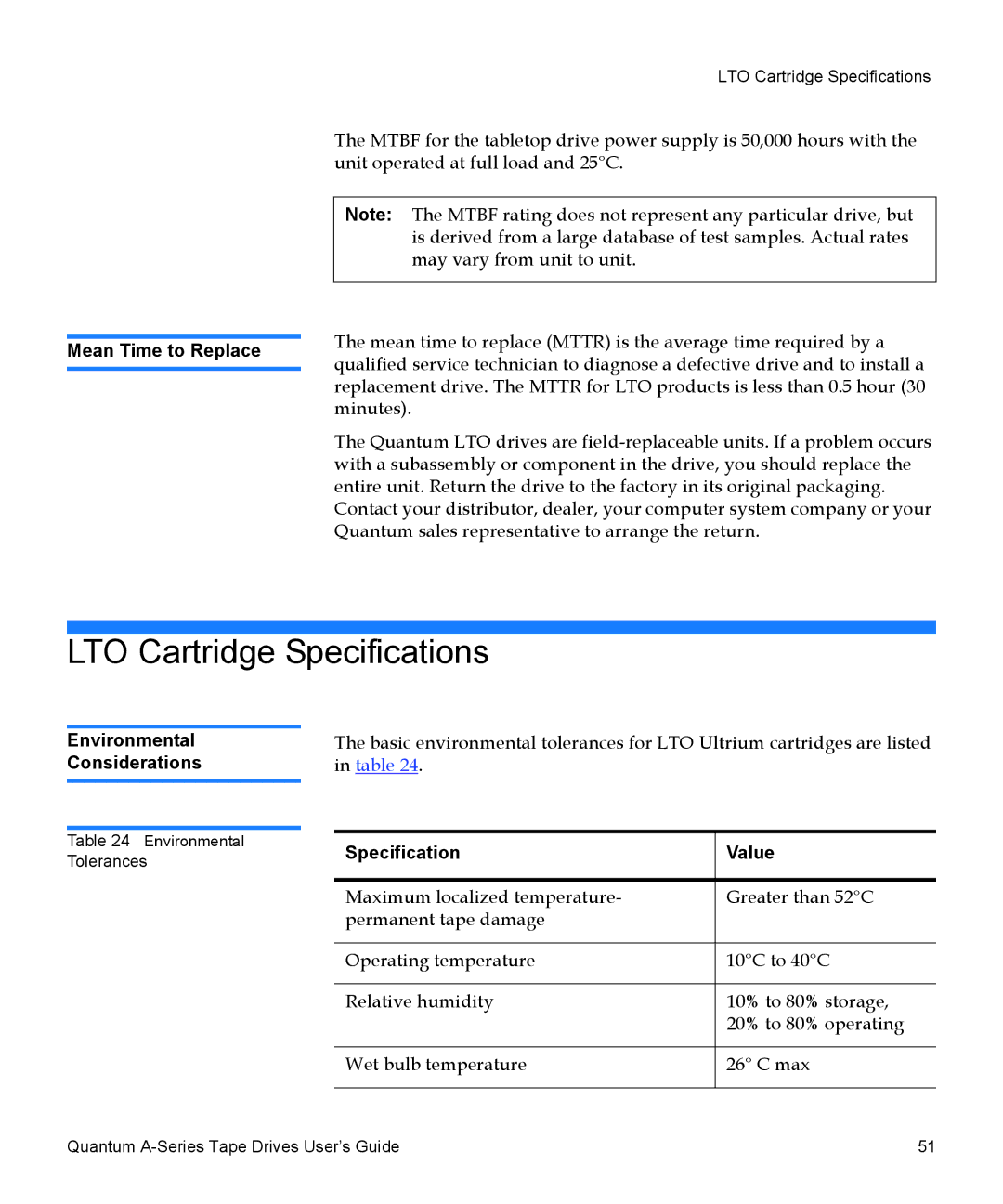 Quantum A-Series manual LTO Cartridge Specifications, Mean Time to Replace, Environmental Considerations 