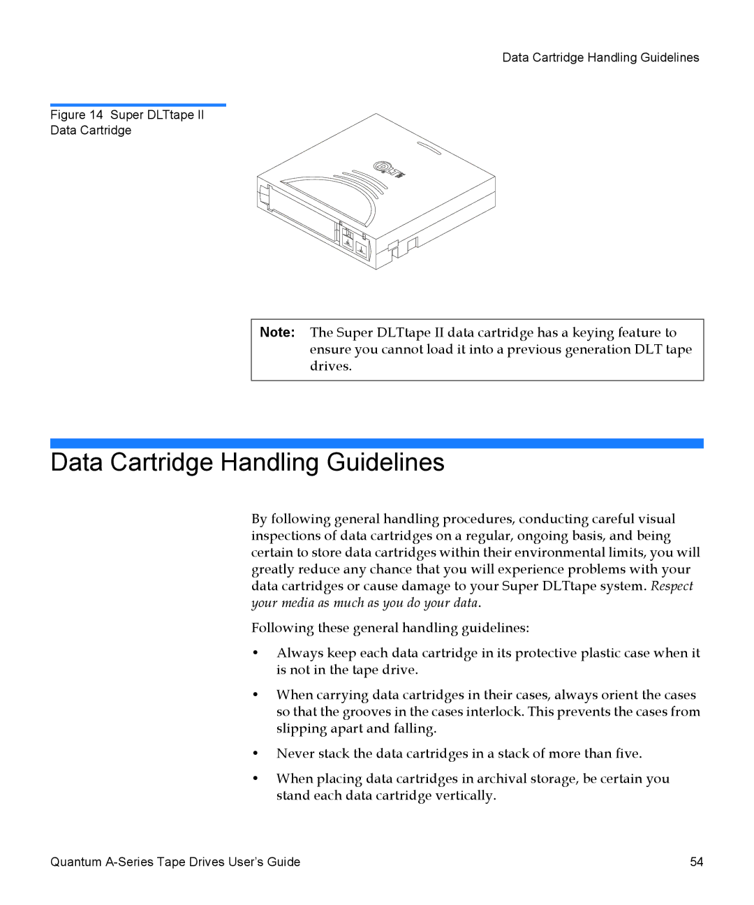 Quantum A-Series manual Data Cartridge Handling Guidelines, Super DLTtape Data Cartridge 