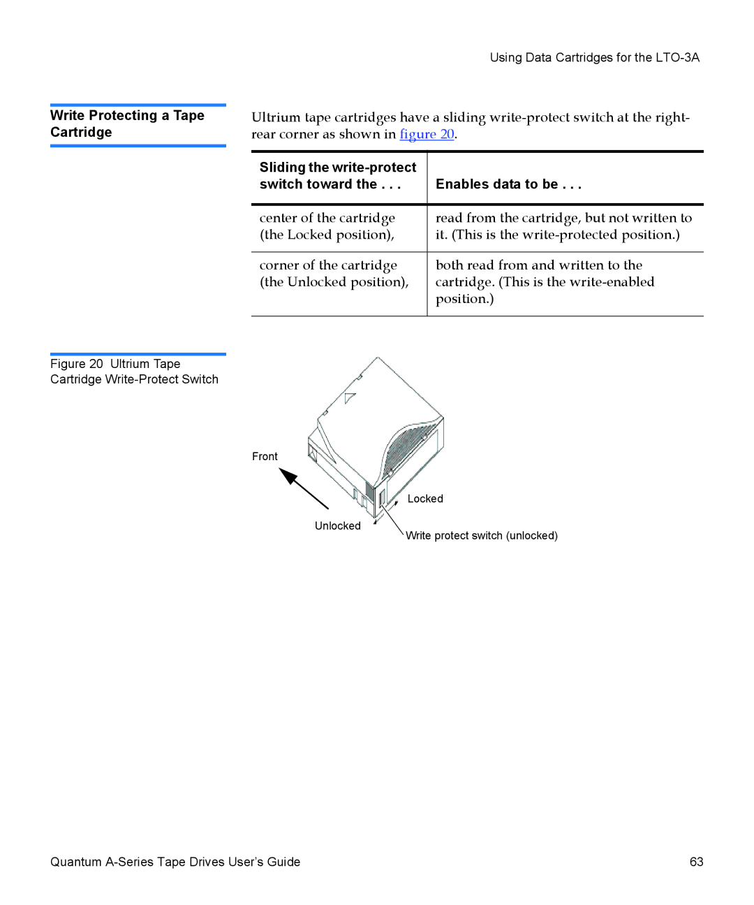 Quantum A-Series manual Write Protecting a Tape Cartridge, Ultrium Tape Cartridge Write-Protect Switch 