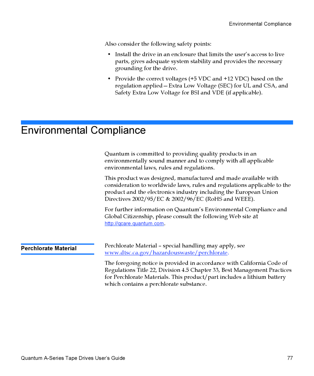 Quantum A-Series manual Environmental Compliance, Perchlorate Material 