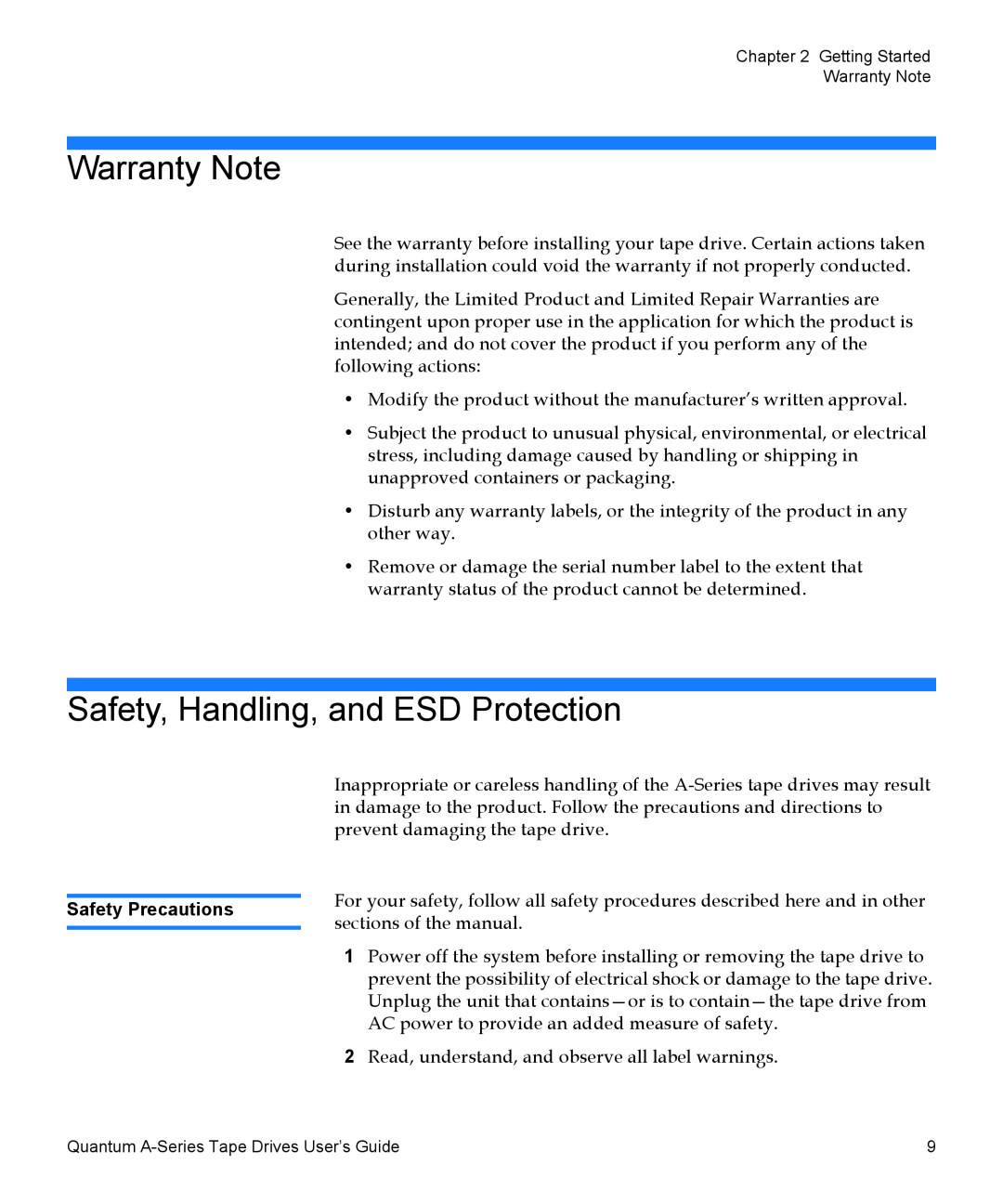 Quantum A-Series manual Warranty Note, Safety, Handling, and ESD Protection, Safety Precautions 