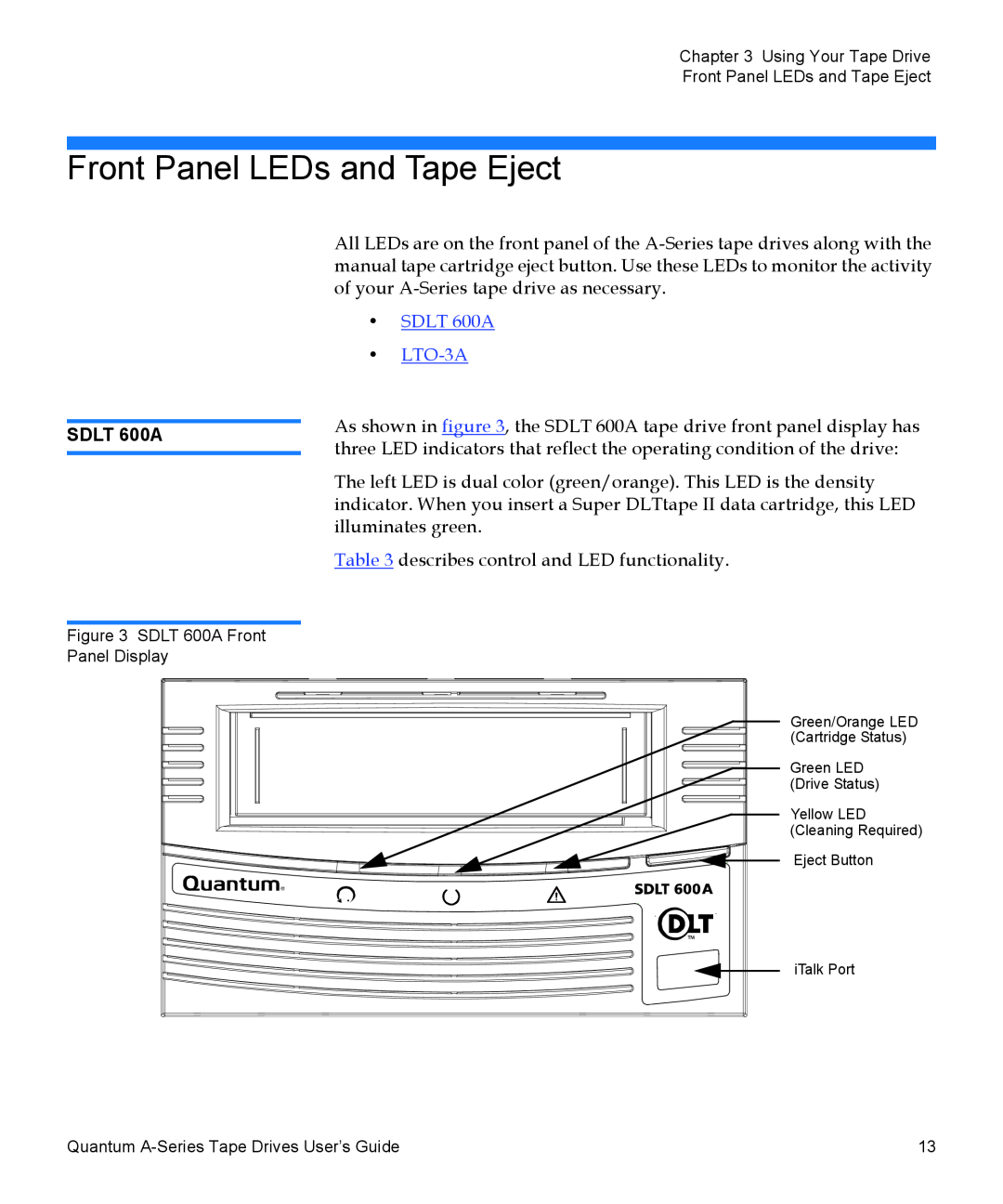 Quantum A-Series manual Front Panel LEDs and Tape Eject, SDLT 600A LTO-3A 