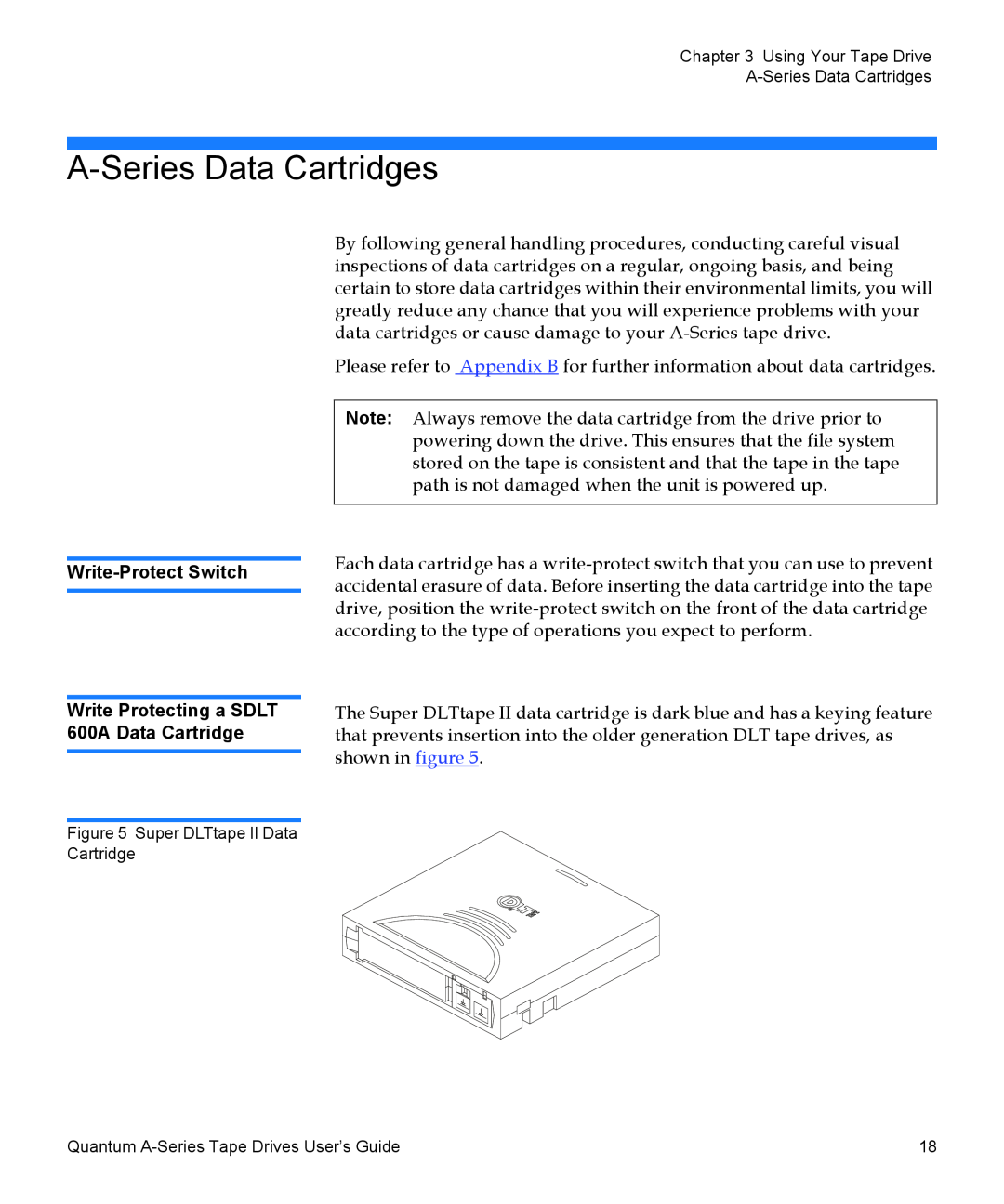 Quantum manual A-Series Data Cartridges, Write-Protect Switch Write Protecting a SDLT 600A Data Cartridge 