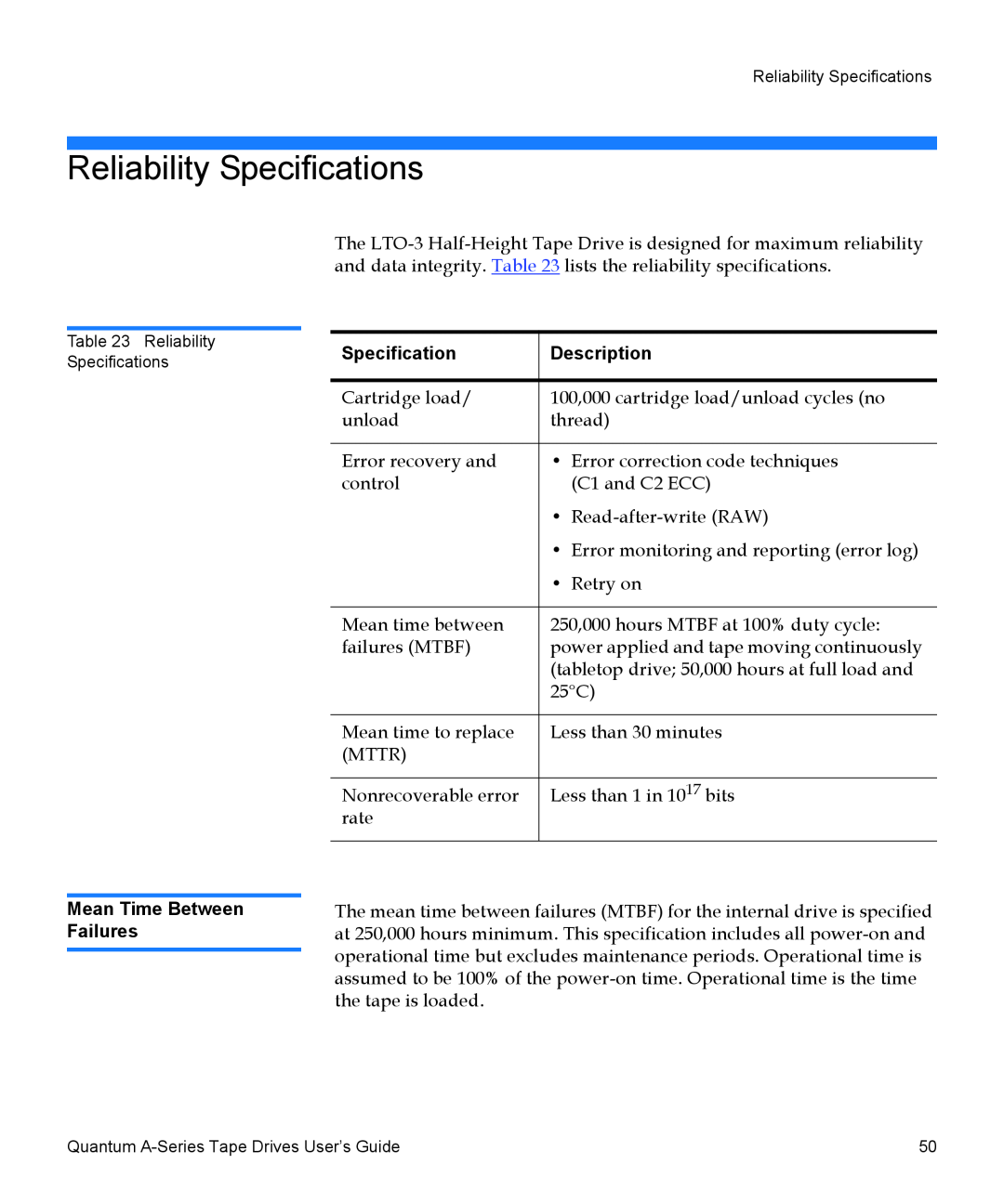 Quantum A-Series manual Reliability Specifications 