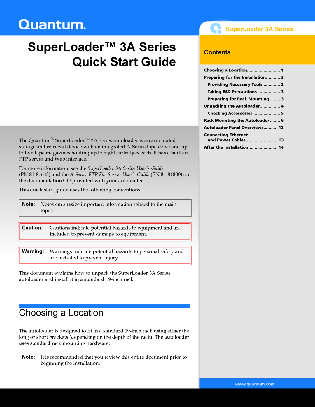 Quantum Audio quick start SuperLoader 3A Series Quick Start Guide, Choosing a Location 